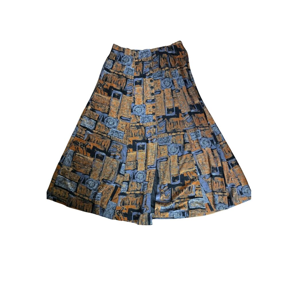 Vintage 90s Abstract Geometric Patchwork Button Front Midi Skirt M